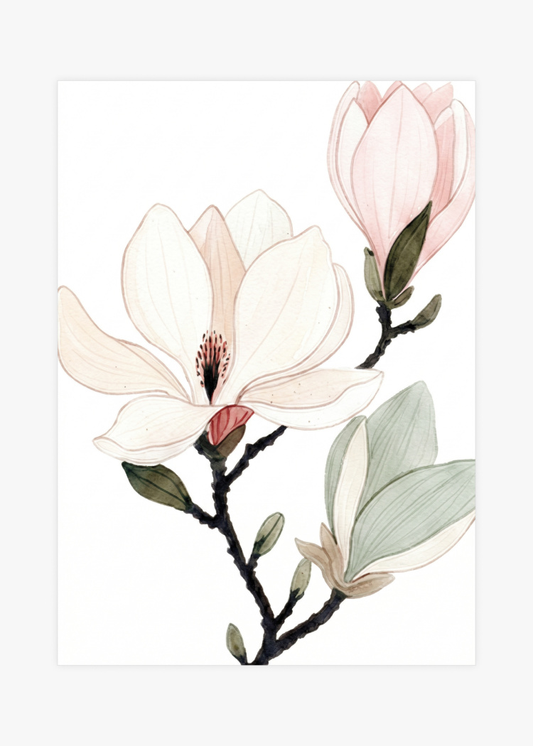 plakaty rostliny akvarelova ilustrace magnolie i 01