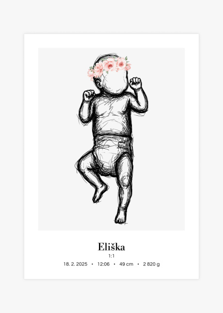 Plakát Miminko v životní velikosti (skica) - na zádech s květinovou korunkou | Plakater.store
