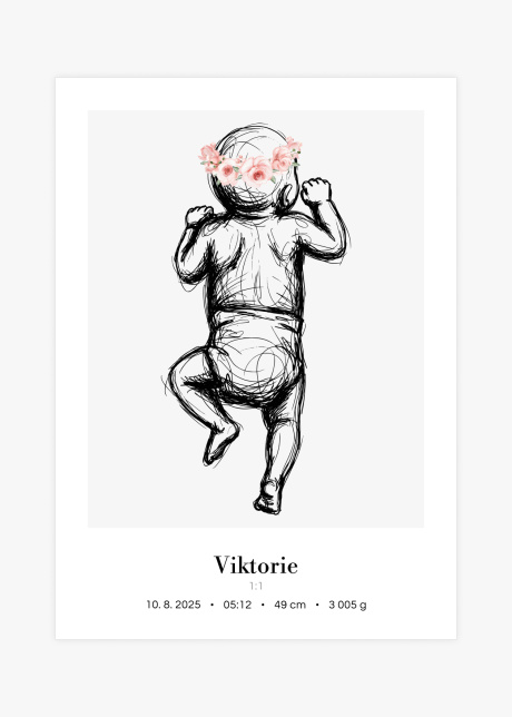 Plakát Miminko v životní velikosti (skica) - na bříšku s květinovou korunkou | Plakater.store