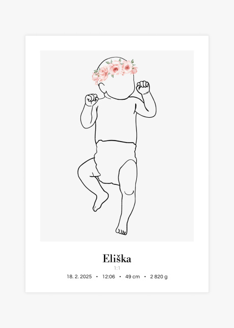 Plakát Miminko v životní velikosti (lineart) - na zádech s květinovou korunkou | Plakater.store