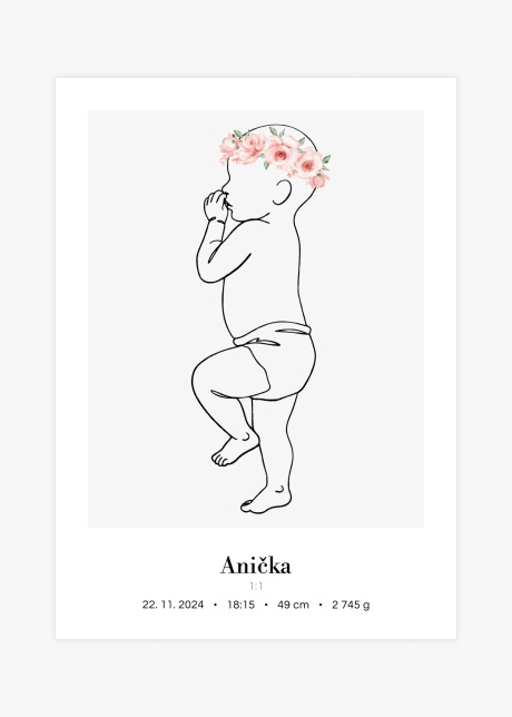 Plakát Miminko v životní velikosti (lineart) - na boku s květinovou korunkou | Plakater.store