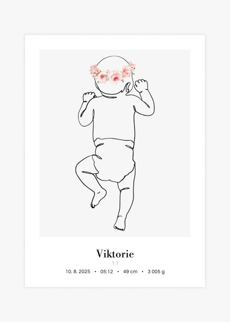 Plakát Miminko v životní velikosti (lineart) - na bříšku s květinovou korunkou | Plakater.store