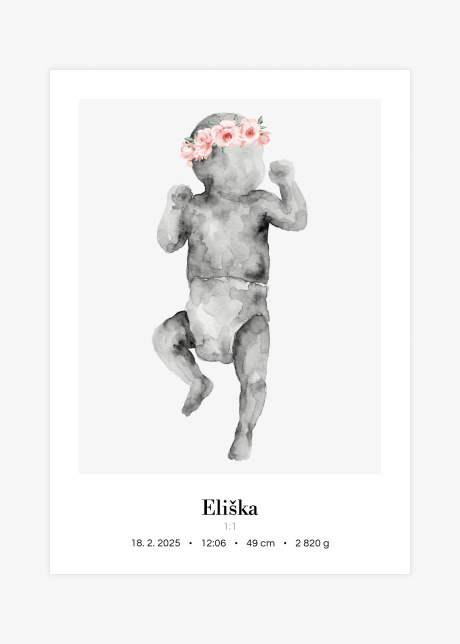 Plakát Miminko v životní velikosti (akvarel) - na zádech s květinovou korunkou | Plakater.store
