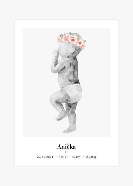 Plakát Miminko v životní velikosti (akvarel) - na boku s květinovou korunkou | Plakater.store